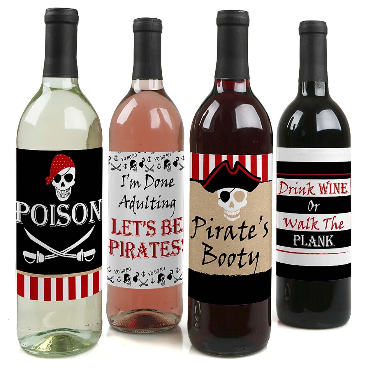 Big Dot of Happiness Beware of Pirates - Pirate Birthday Party Decorations for Women and Men - Wine Bottle Label Stickers - Set of 4